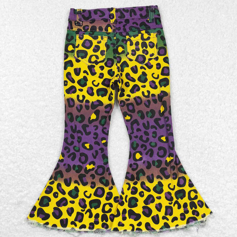 Sibling Baby Girls Mardigras Leopard Stripe Denim Bell Bottom Pants