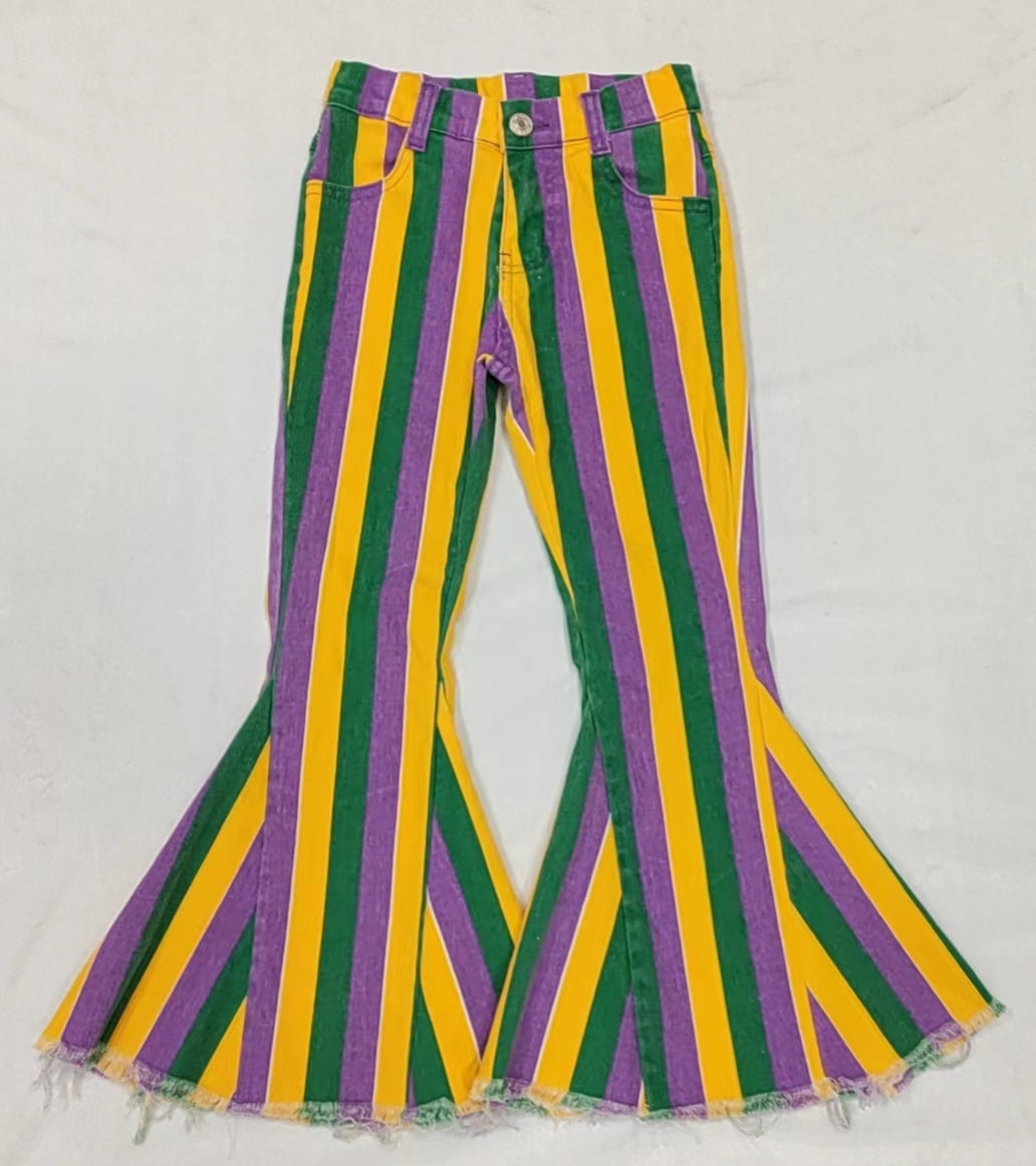 Baby Girls Mardi Gras Purple Green Gold Stripes Bell Denim Pants Jeans