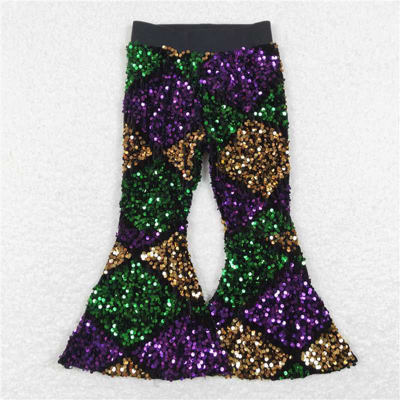 USA Shop Baby Girls Mardi Gras Purple Square Sequin Sparkle Bell Bottom Pants