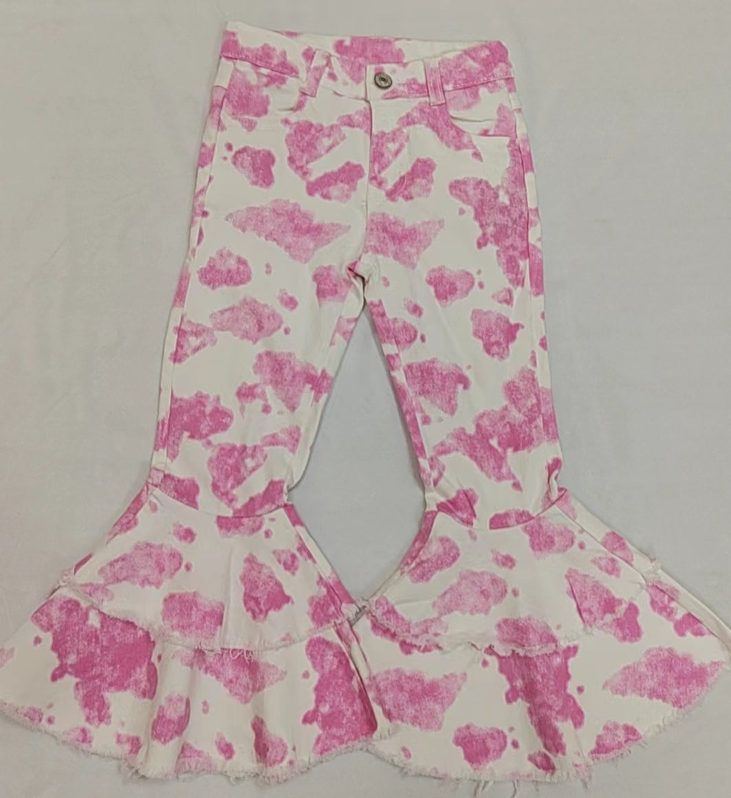 Baby Girls Pink Cow Double Ruffle Bell Flare Denim Pants