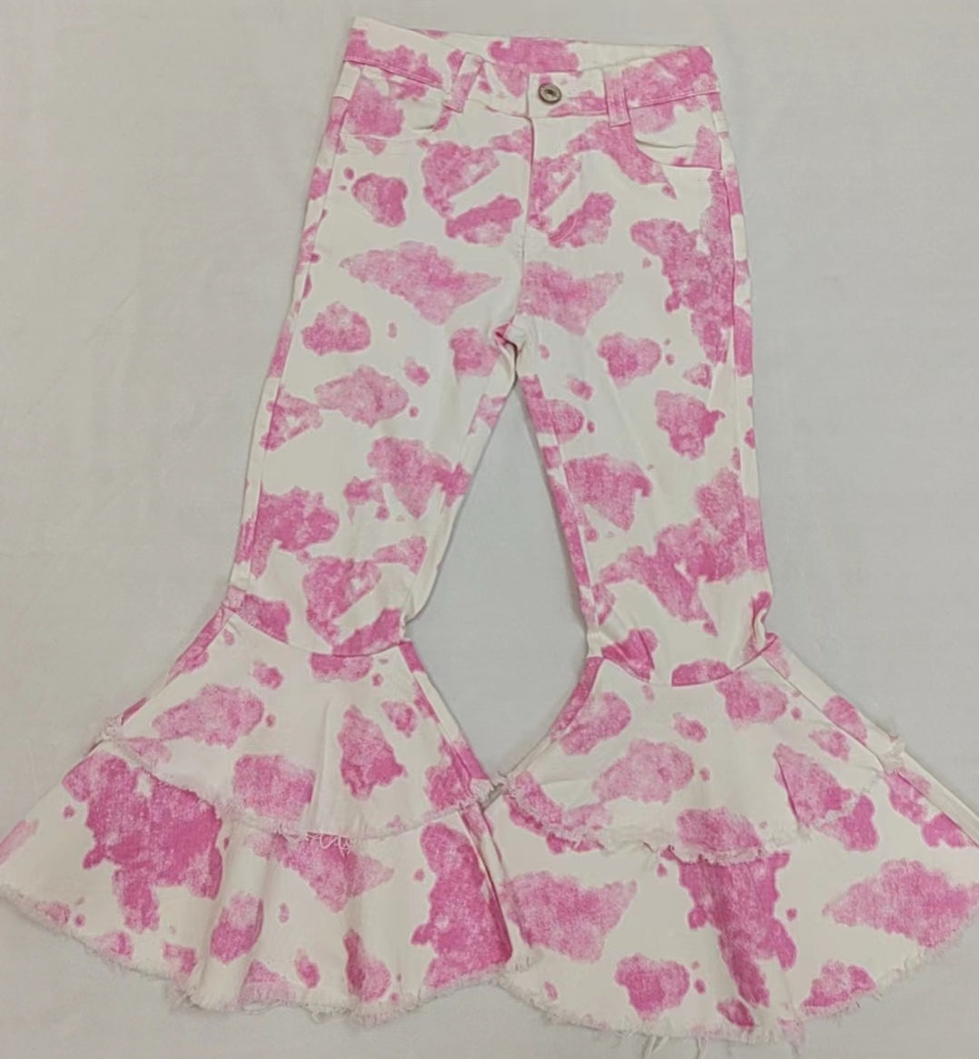 Baby Girls Pink Cow Double Ruffle Bell Flare Denim Pants