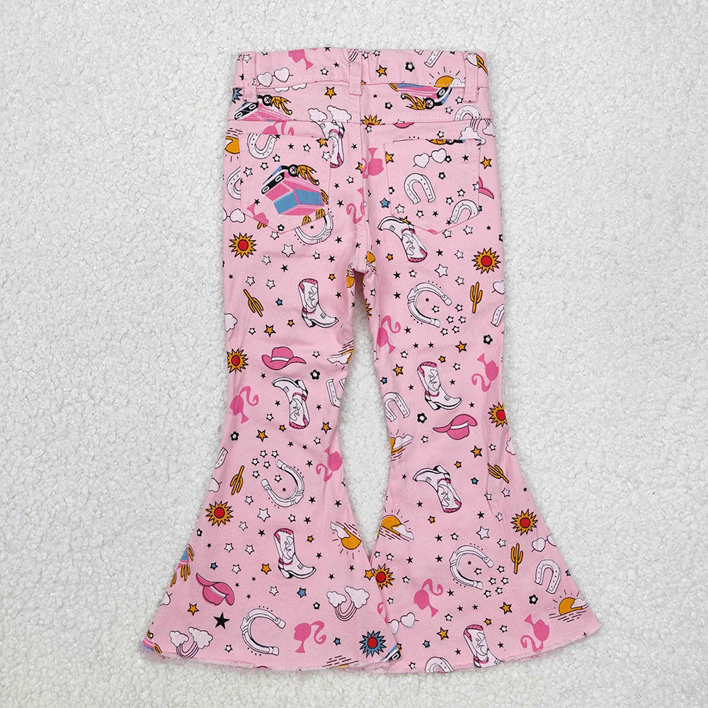 Baby Girls Pink Doll Western Bell Flare Denim Pants Jeans