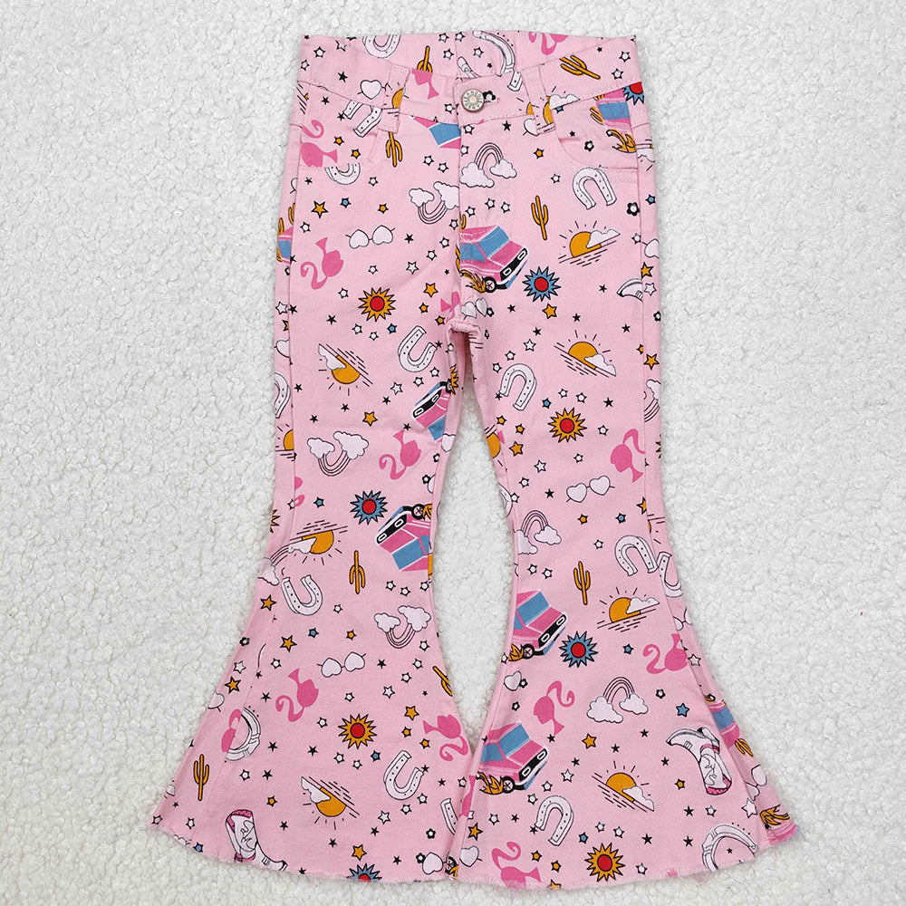 Baby Girls Pink Doll Western Bell Flare Denim Pants Jeans