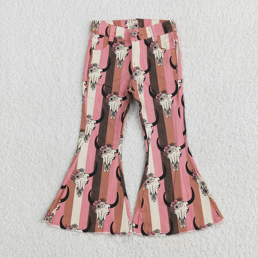 Baby Girls Aztec Western Cow Skull Bell Flare Denim Pants