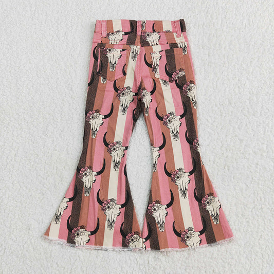 Baby Girls Aztec Western Cow Skull Bell Flare Denim Pants