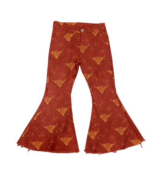 Baby Girls Western Red Highland Cow Bell Flare Denim Pants preorder
