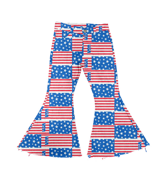 Baby Girls 4th Of July Flags Red Blue Bell Flare Denim Pants preorder