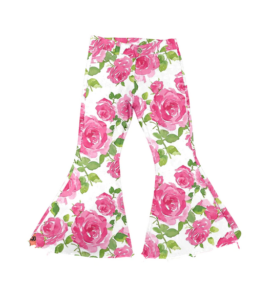 Baby Girls Green Leaves Pink Flowers Bell Flare Denim Pants preorder