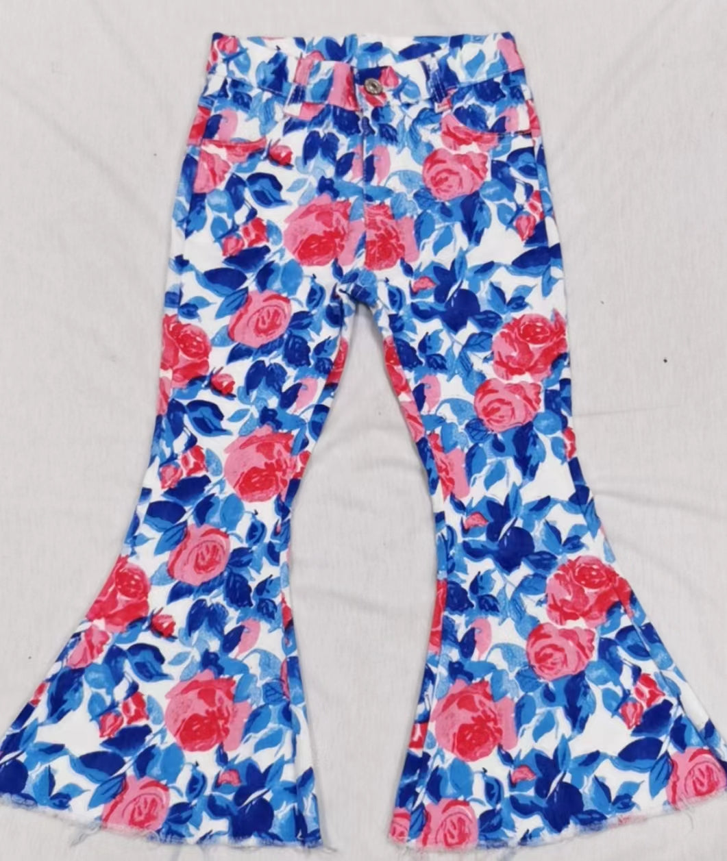 Baby Girls Blue Leaves Pink Flowers Bell Flare Denim Pants