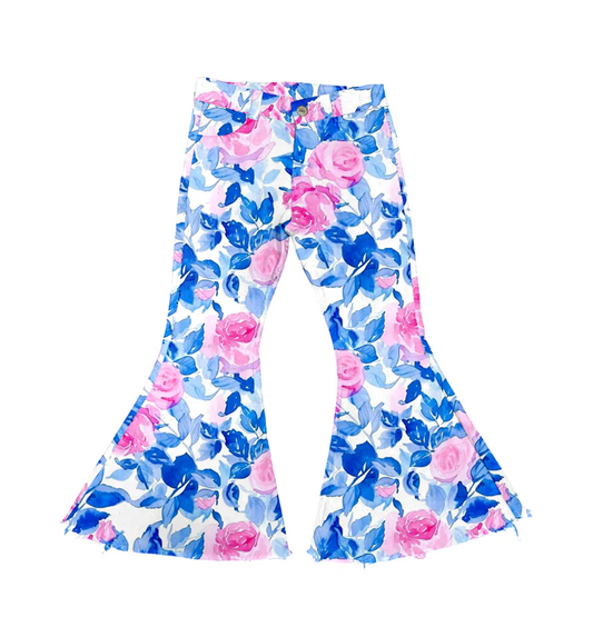 Baby Girls Blue Leaves Pink Flowers Bell Flare Denim Pants preorder