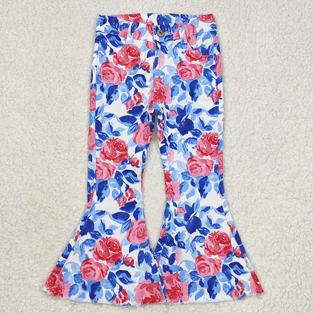 Baby Girls Blue Leaves Pink Flowers Bell Flare Denim Pants