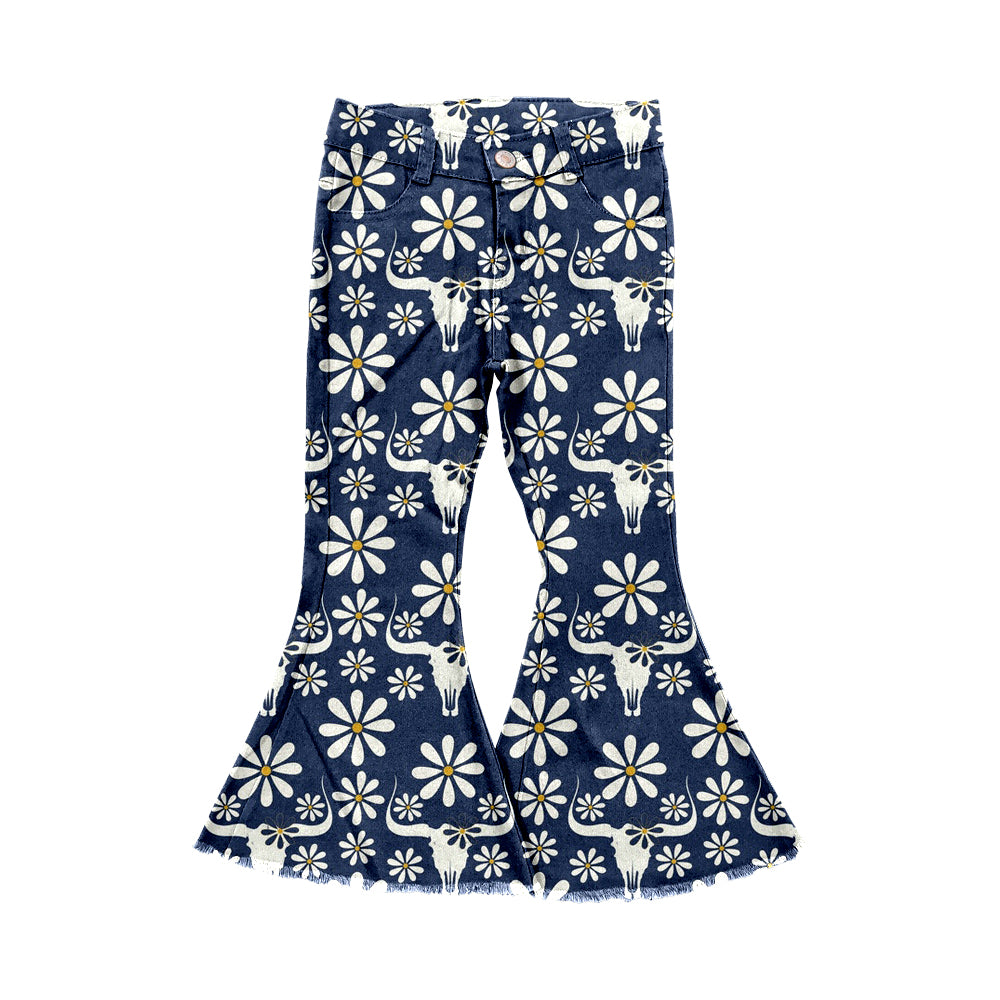 Baby Girls Flowers Cow Skull Navy Bell Flare Denim Pants preorder