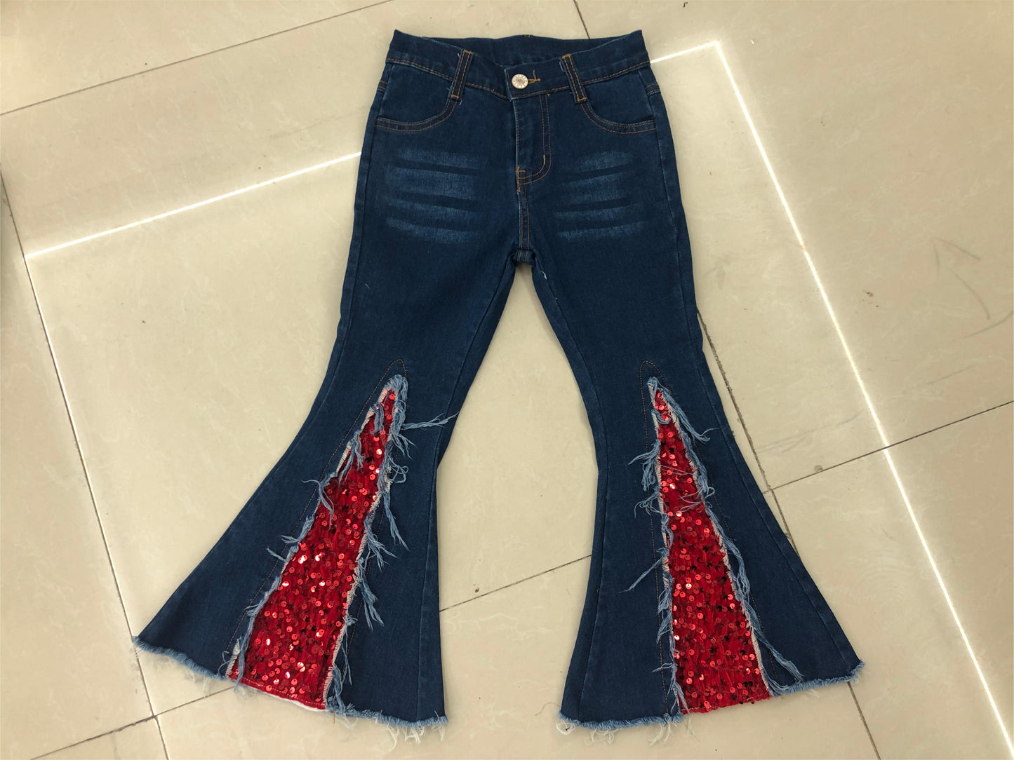 Baby Girls Red Sequin Holiday Bell Flare Denim Pants