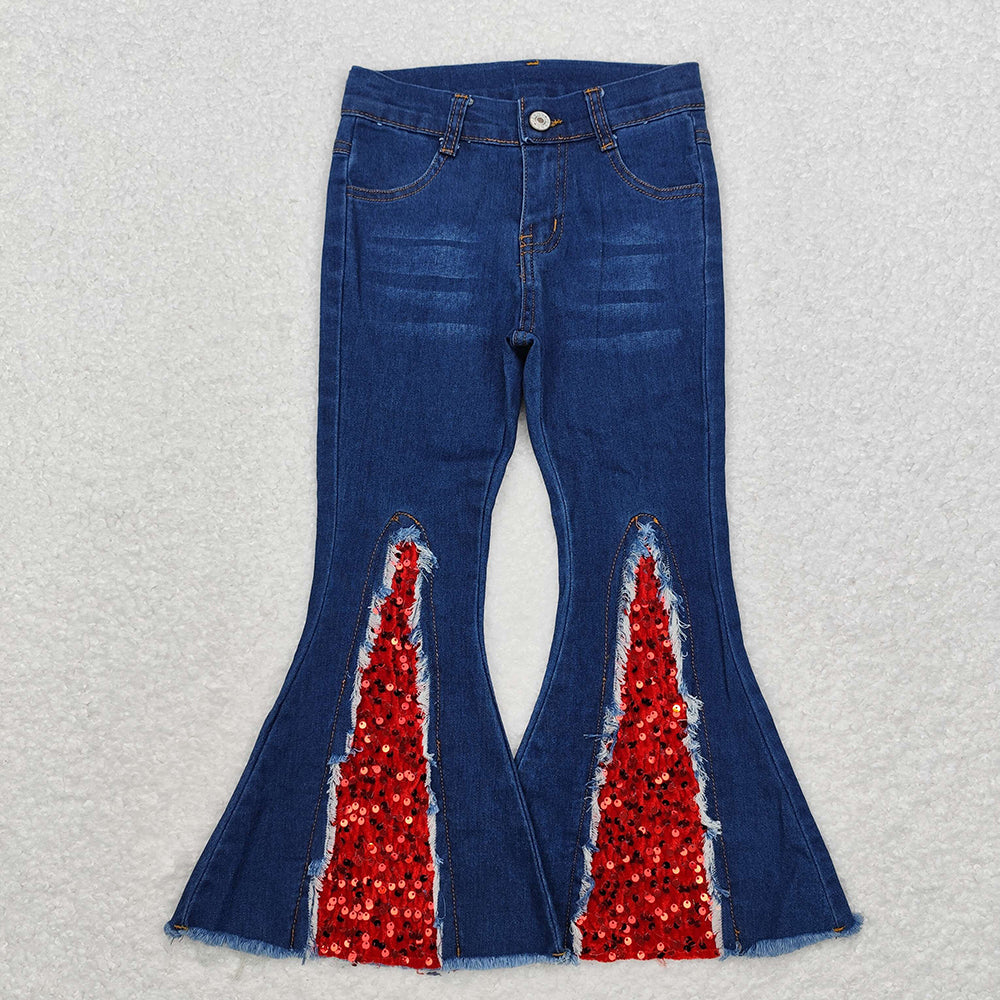 Baby Girls Red Sequin Holiday Bell Flare Denim Pants