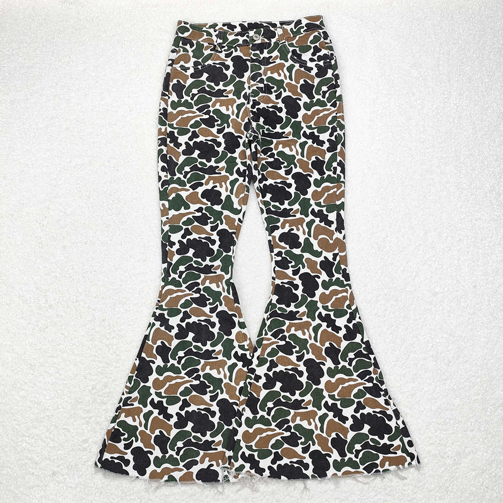 Mommy And Me Adult Girls Brown Camo Fall Bell Flare Denim Pants