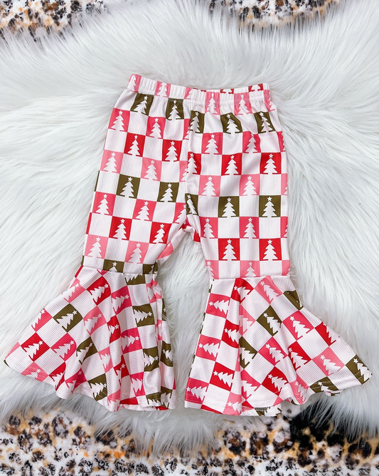 Baby Girls Christmas Checkered Trees Bell Bottom Pants Preorder