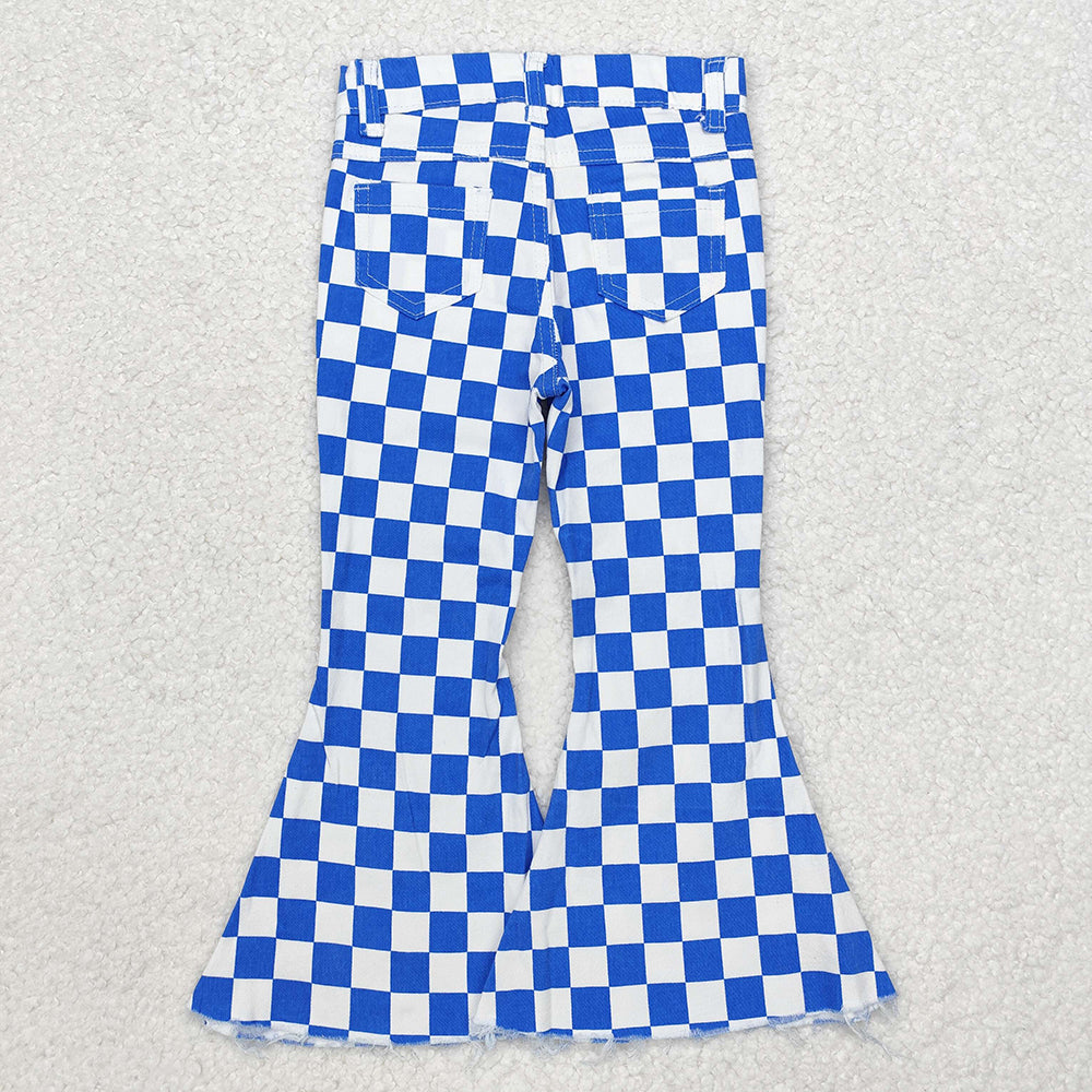 Baby Girls Blue Checkered Fall Bell Flare Denim Pants