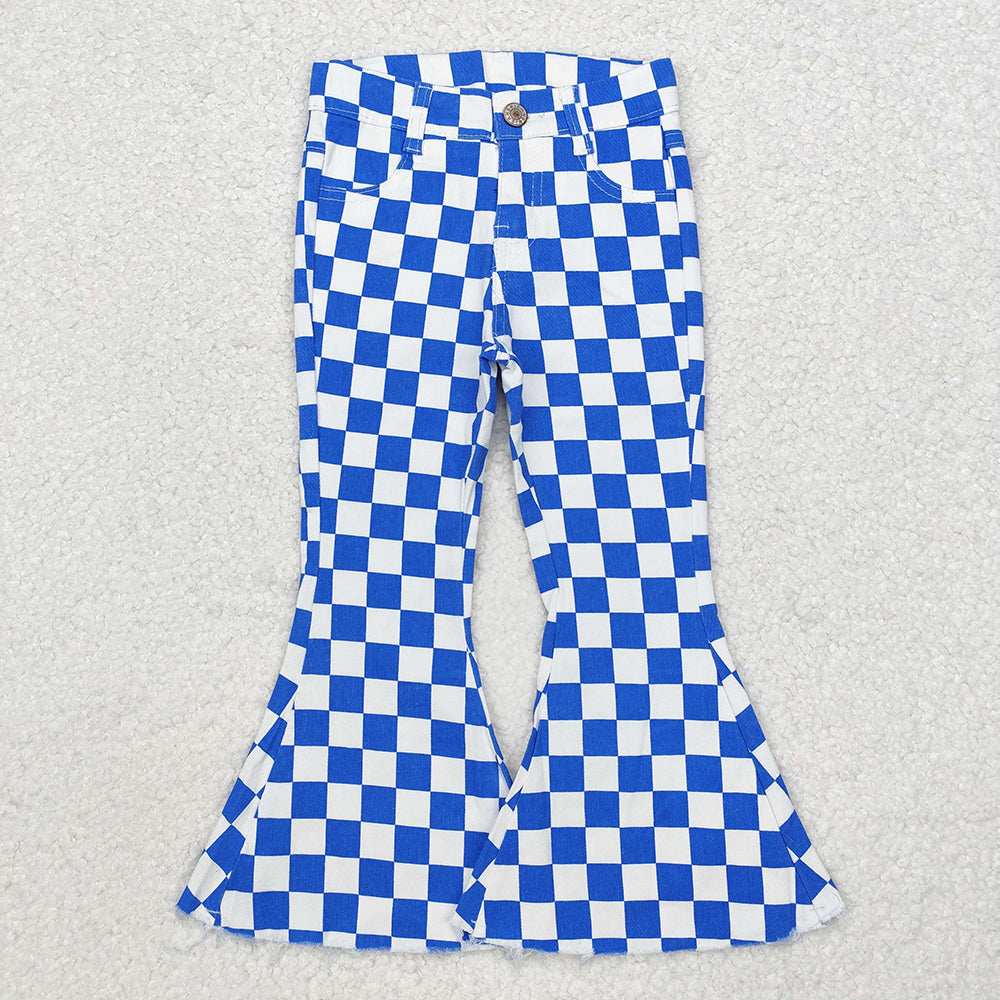 Baby Girls Blue Checkered Fall Bell Flare Denim Pants