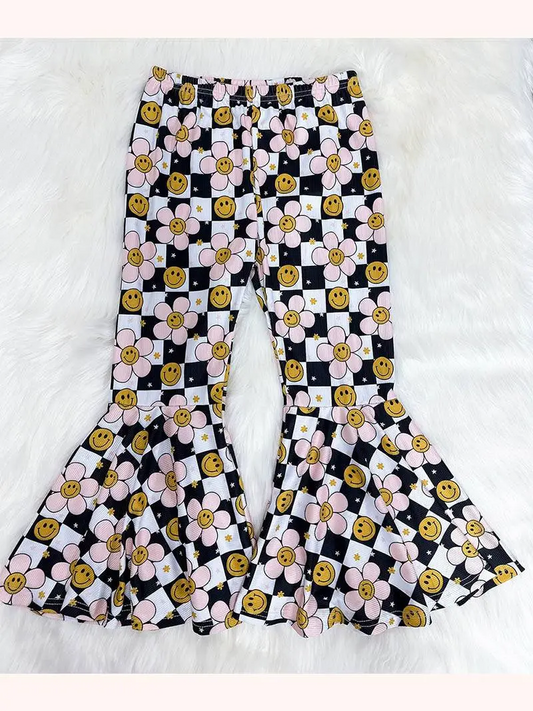 Baby Girls Pink Flowers Checkered Bell Bottom Pants Preorder