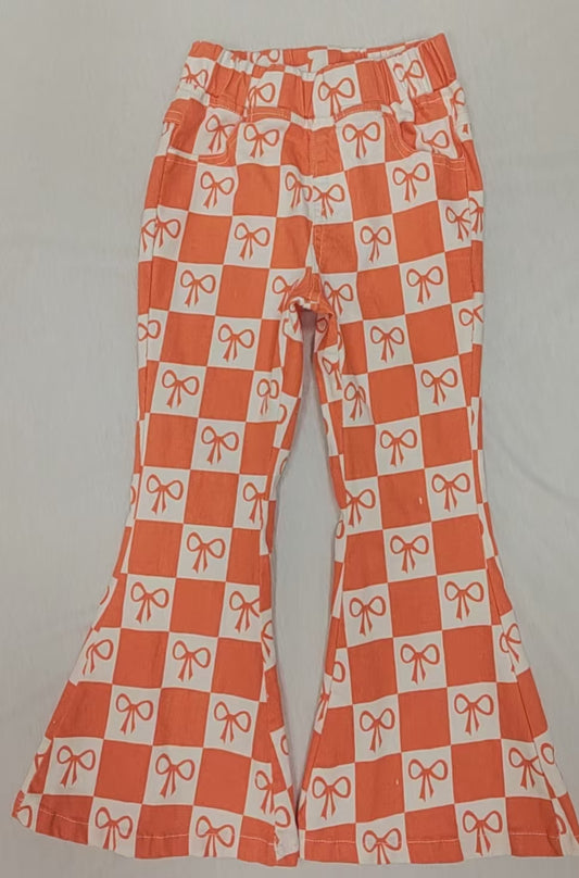 Baby Girls Orange Checkered Bows Denim Flare Pants Jeans preorder