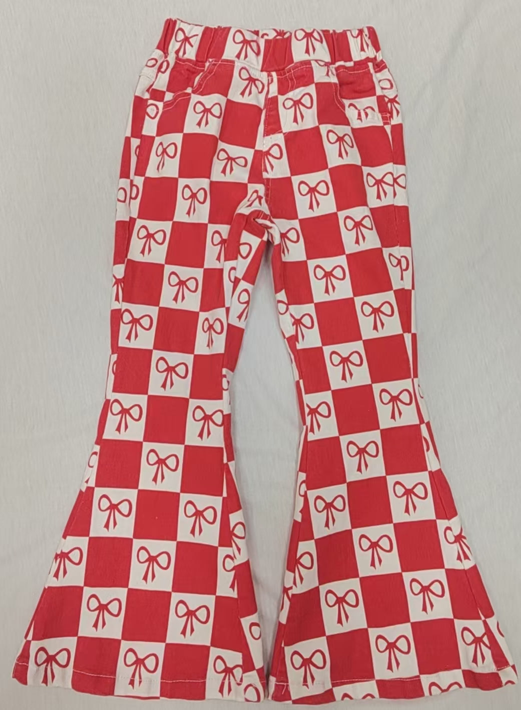 Baby Girls Red Checkered Bows Denim Flare Pants Jeans preorder