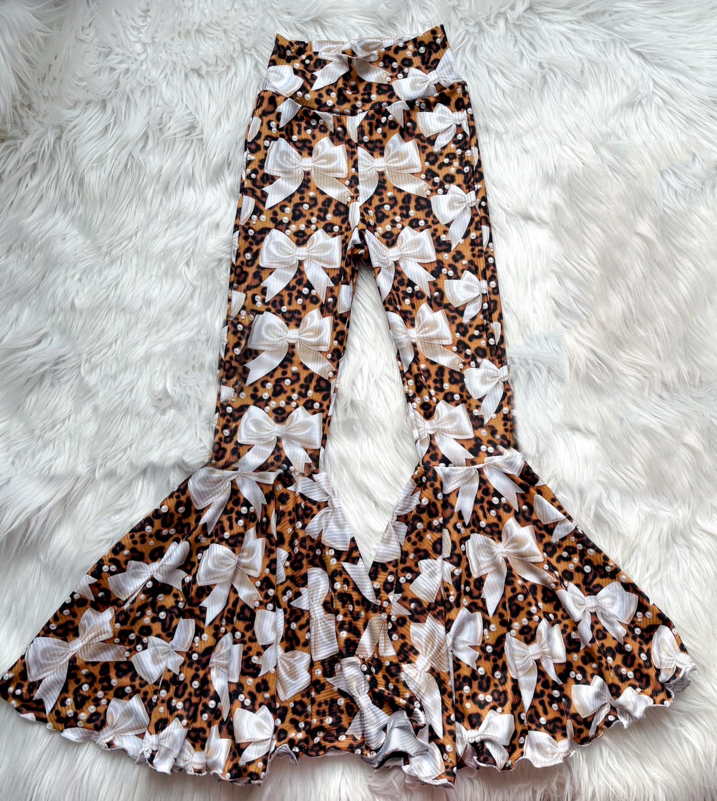 Adult Women Leopard Pearl Bows Bottom Bell Pants Preorder