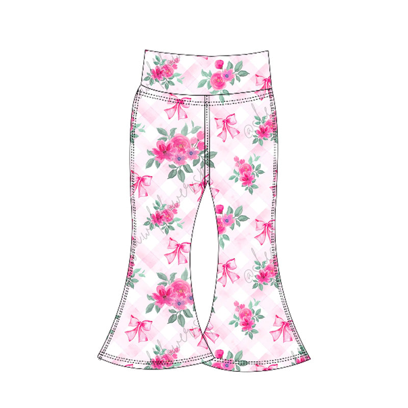 Baby Girls Pink Plaid Floral Bows Bell Bottom Yoga Pants Preorder