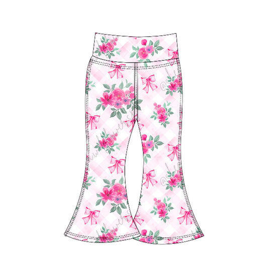 Baby Girls Pink Plaid Floral Bows Bell Bottom Yoga Pants Preorder