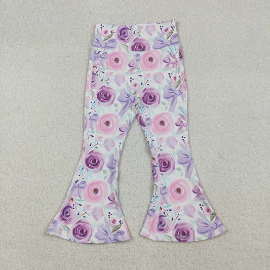 Baby Girls Purple Flower Bows Bell Bottom Yoga Pants