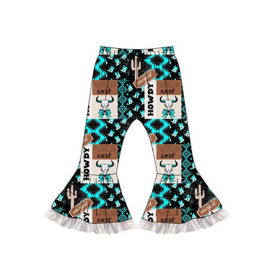 Baby Girls Blue Aztec Bow Bull Skull Plaid Bell Bottom Pants Preorder