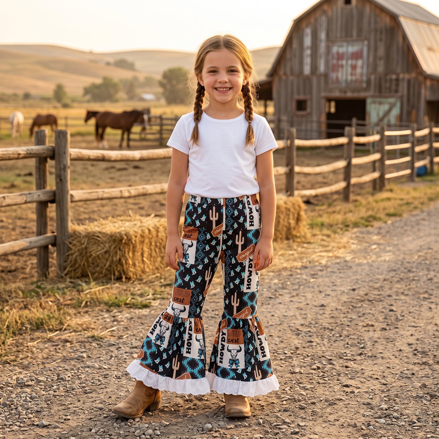 Baby Girls Bow Bull Skulls Turquoises Western Ruffle Bell Bottom Pants