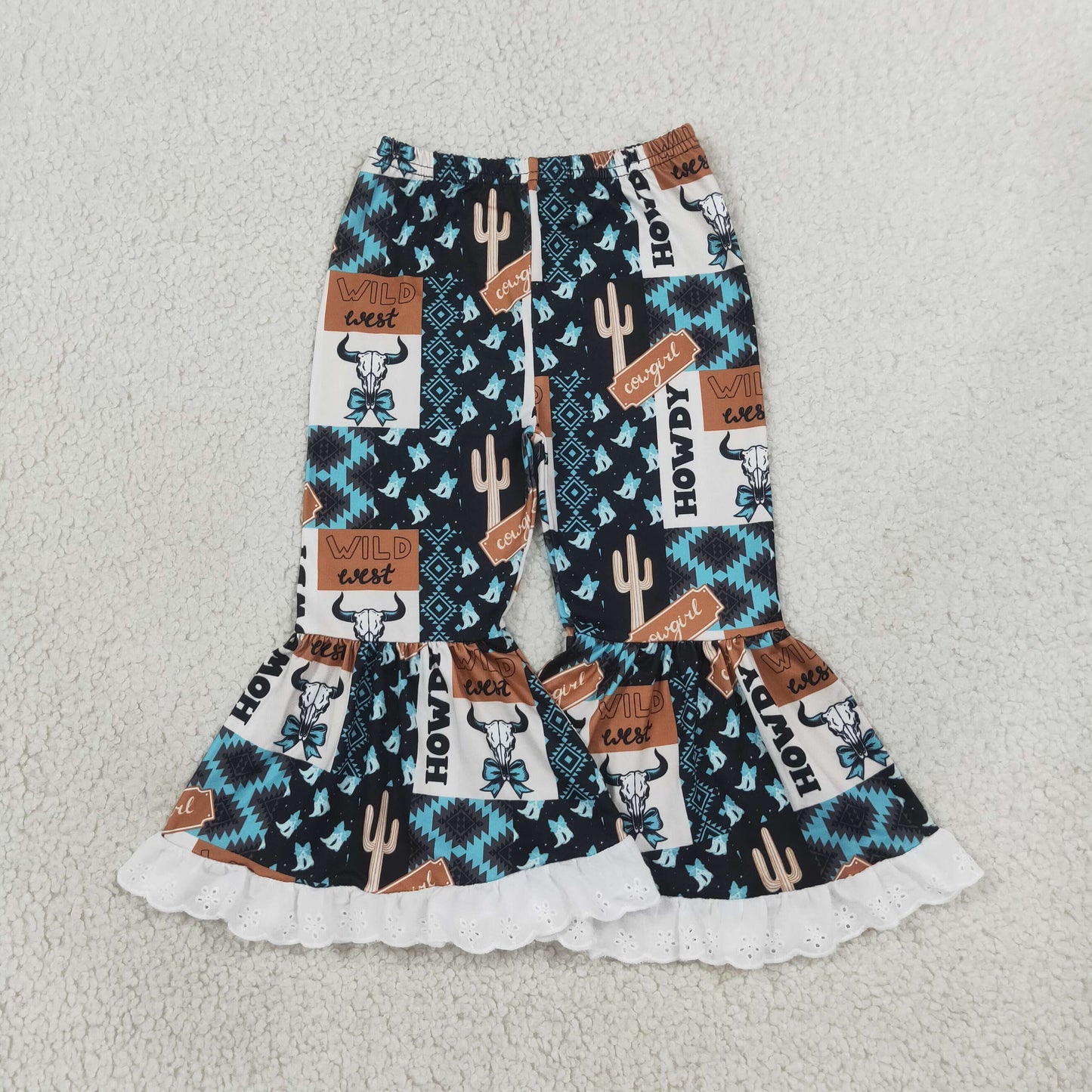 Baby Girls Bow Bull Skulls Turquoises Western Ruffle Bell Bottom Pants