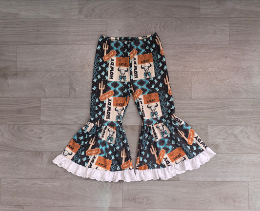 Baby Girls Blue Aztec Bow Bull Skull Plaid Bell Bottom Pants Preorder