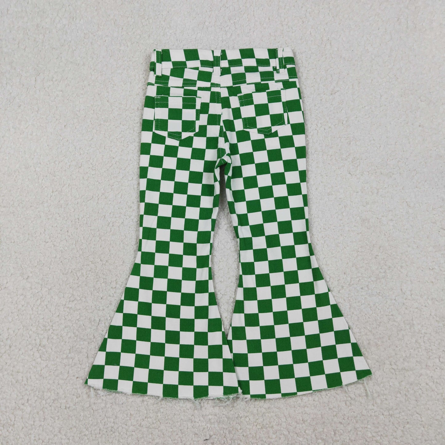 Baby Girls Green White Checked Pockets Denim Bell Bottom Pants