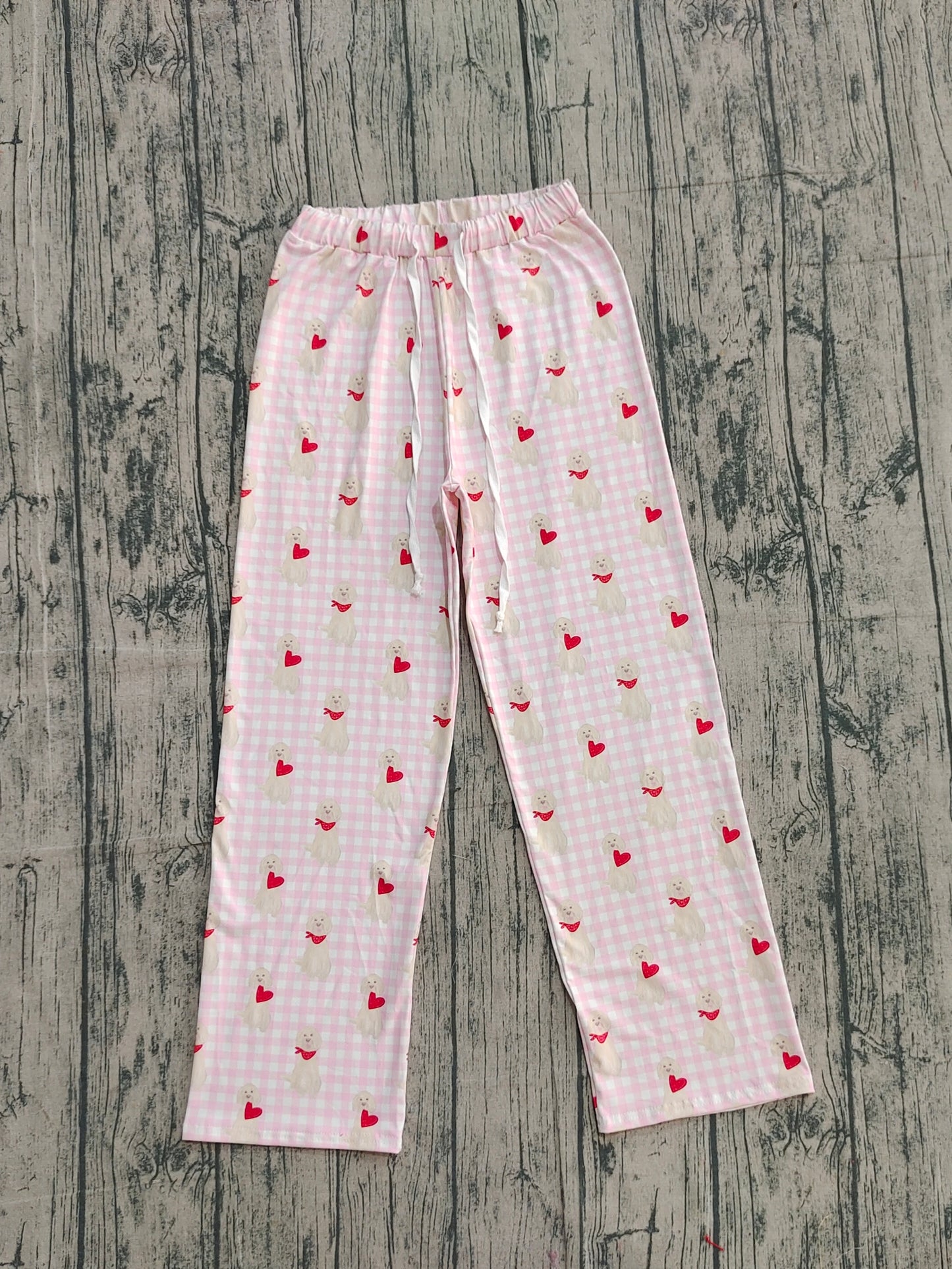 Adult Women Pink Checked Dogs Hearts Valentine Pants Bottom