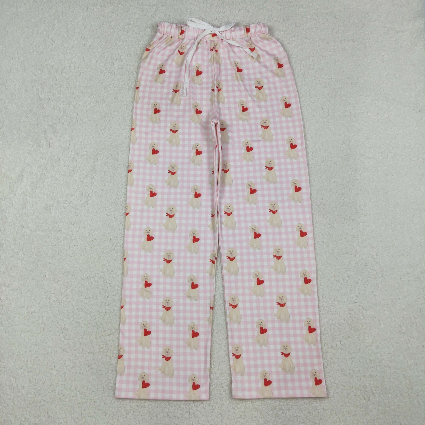 Adult Women Pink Checked Dogs Hearts Valentine Pants Bottom