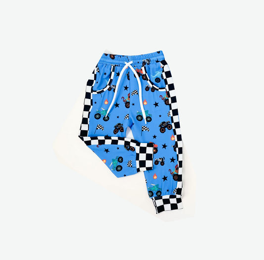 Baby Boys Hot Blue Motor Cars Flags Pockets Jogger Pants Bottom Preorder