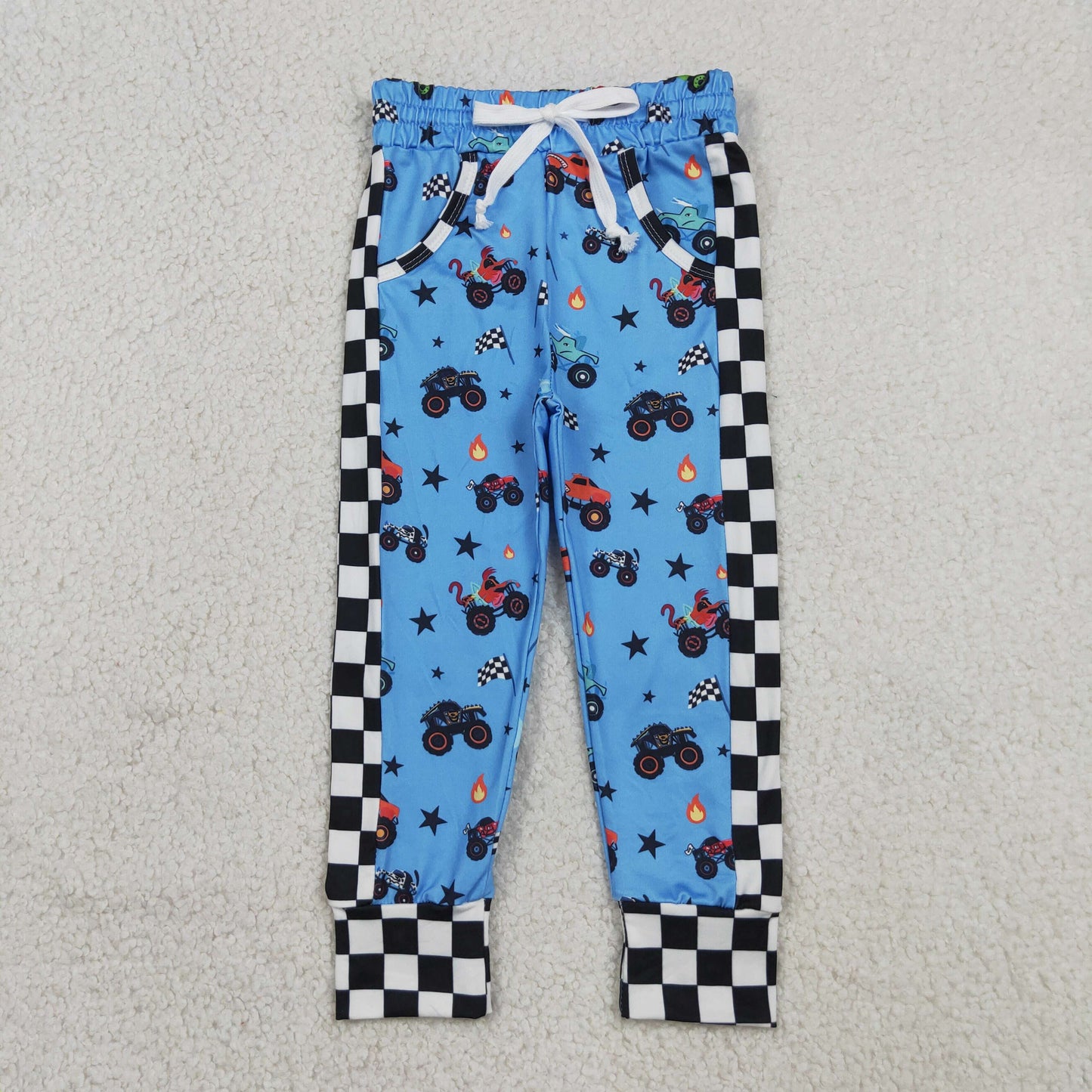 Baby Boys Hot Blue Motor Cars Flags Pockets Jogger Pants Bottom