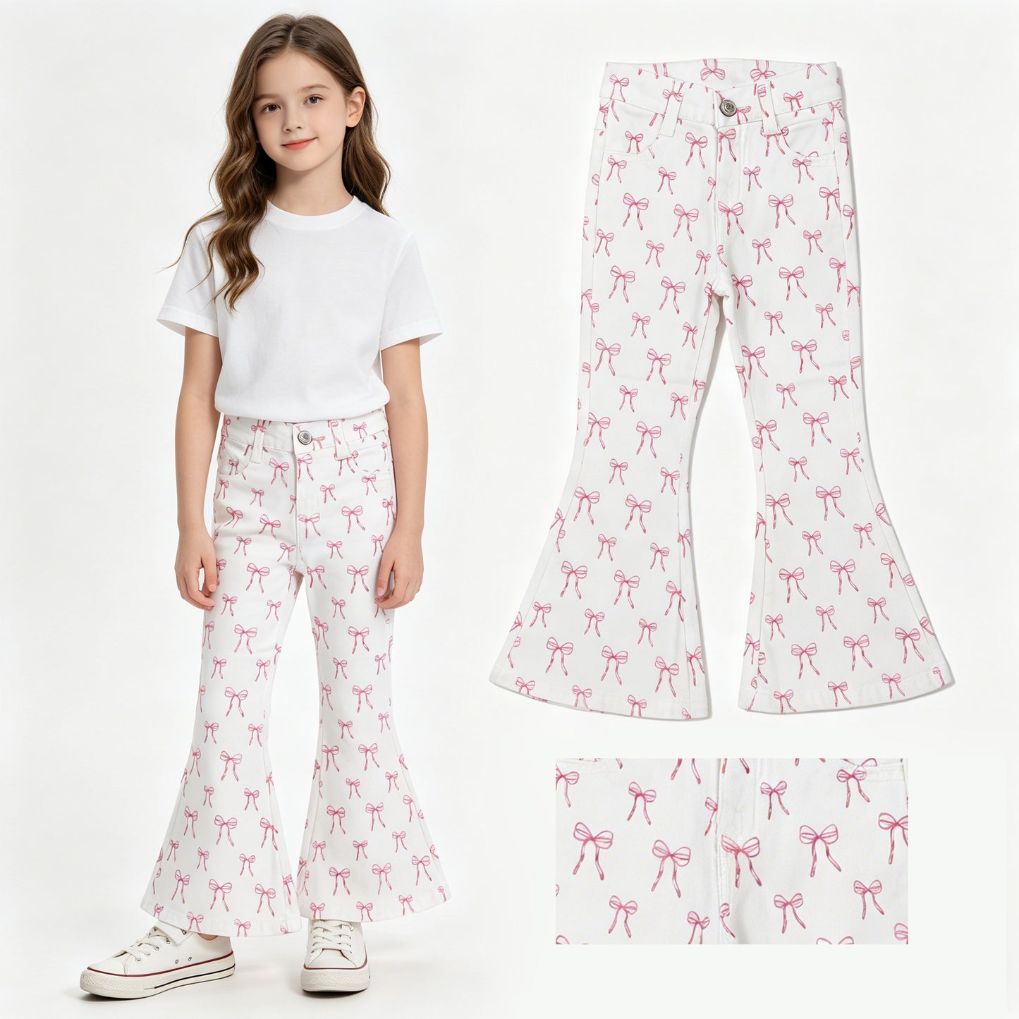 Baby Girls Pink Bows Denim Pockets Bell Bottom Pants