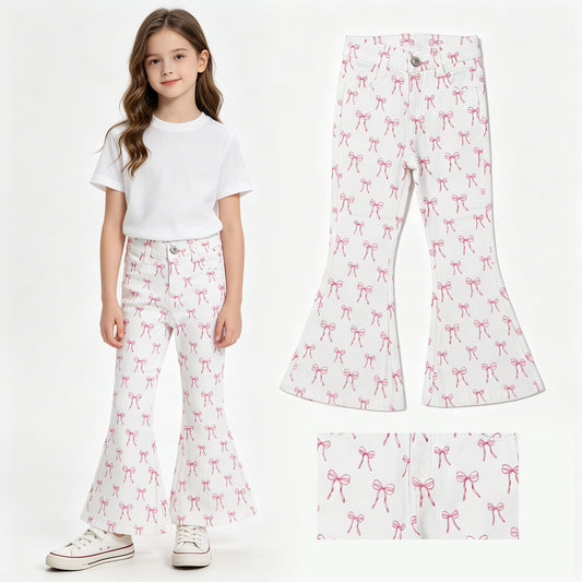 Baby Girls Pink Bows Denim Pockets Bell Bottom Pants