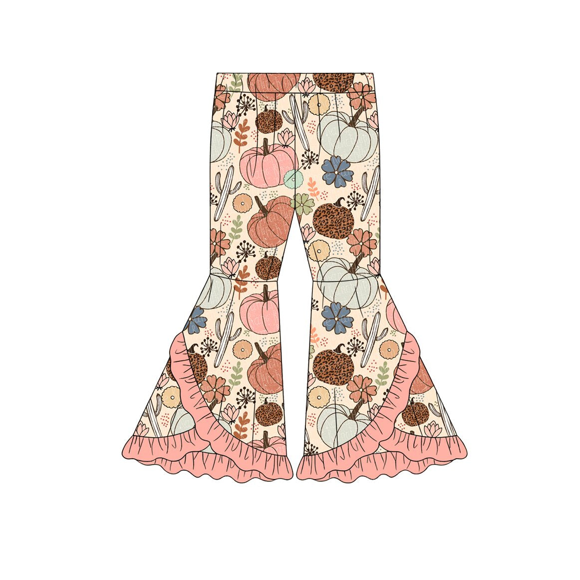 Baby Girls Flowers Pumpkins Fall Double Ruffle Bell Bottom Pants Preorder