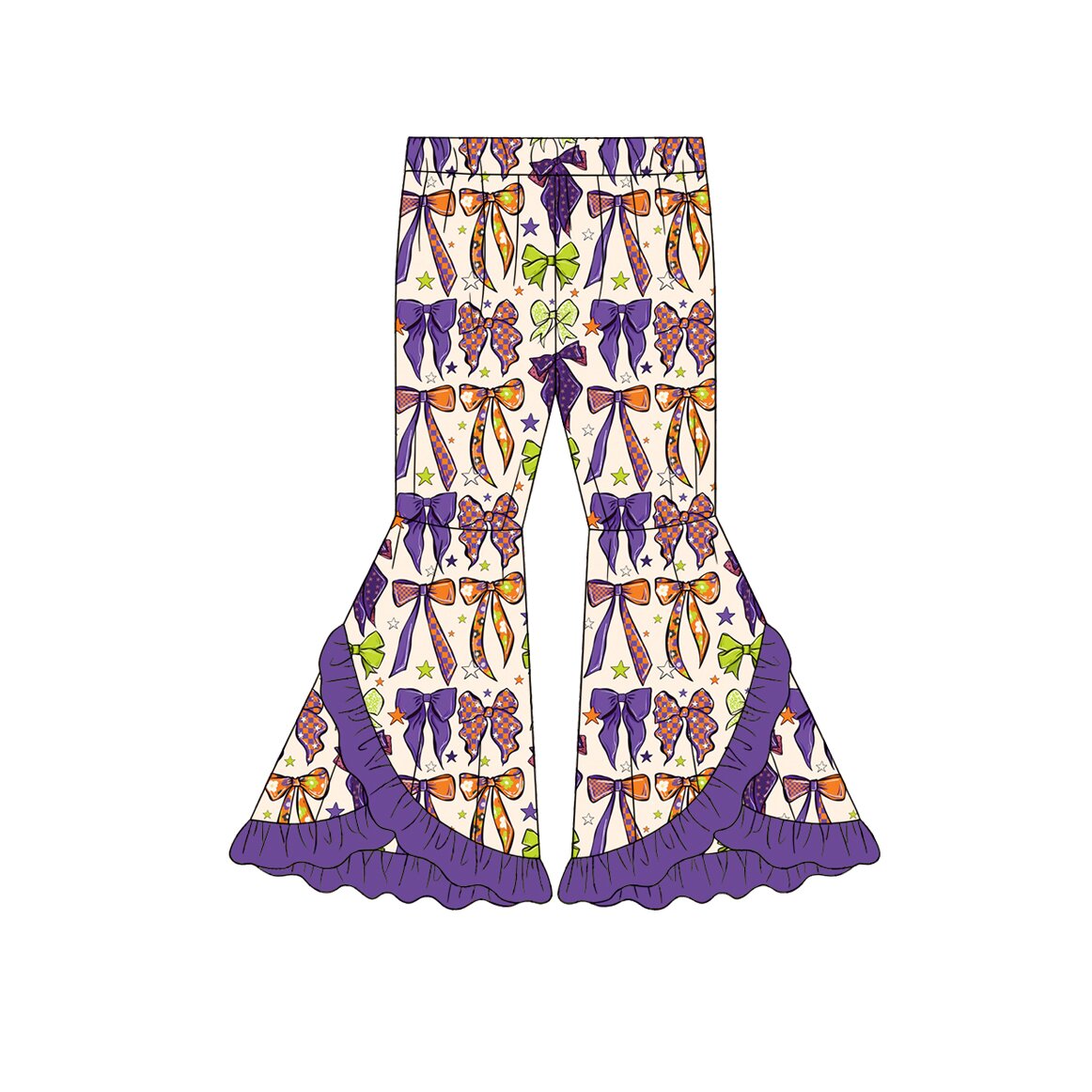 Baby Girls Purple Green Bows Stars Double Ruffle Bell Bottom Pants Preorder