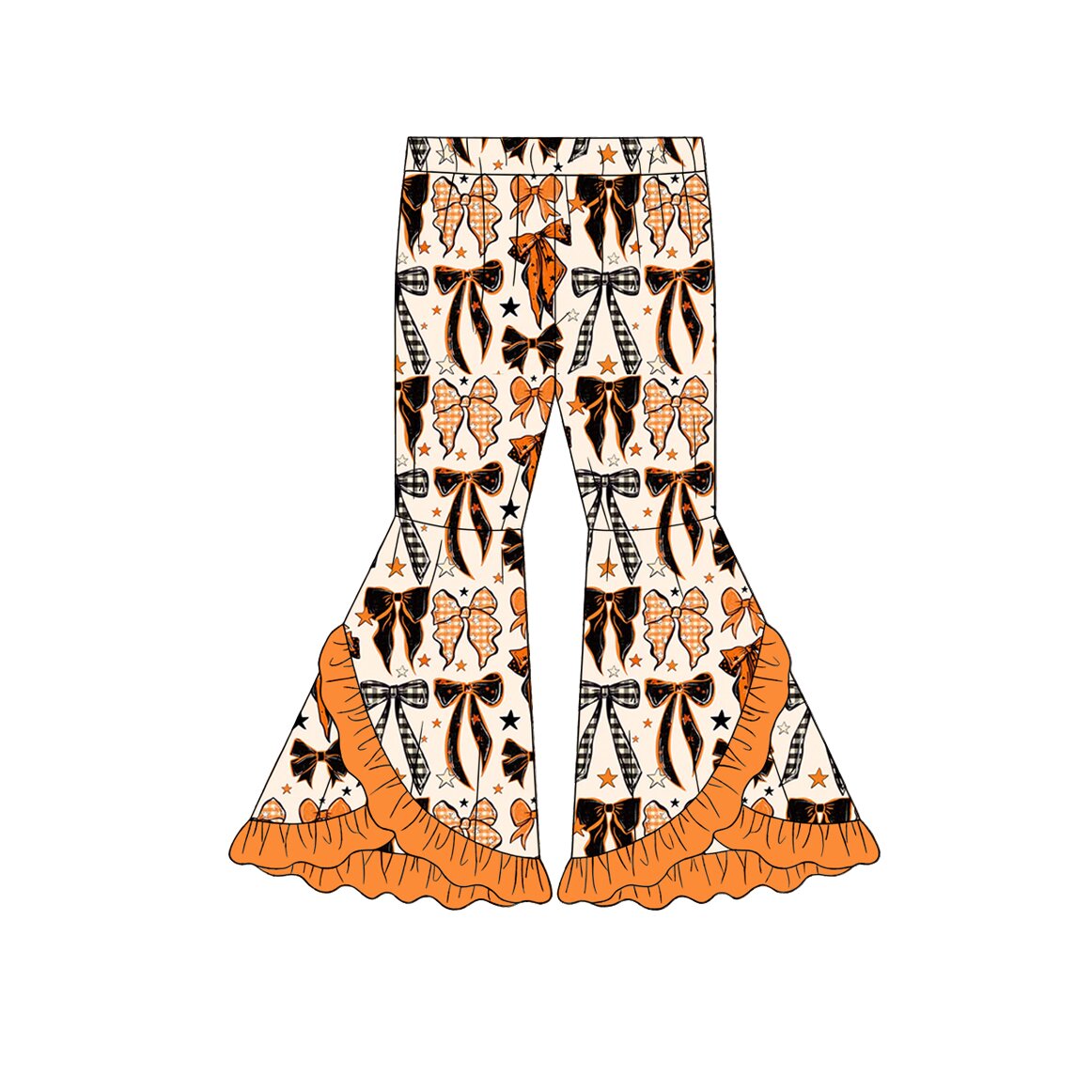 Baby Girls Orange Black Bows Stars Fall Double Ruffle Bell Bottom Pants Preorder