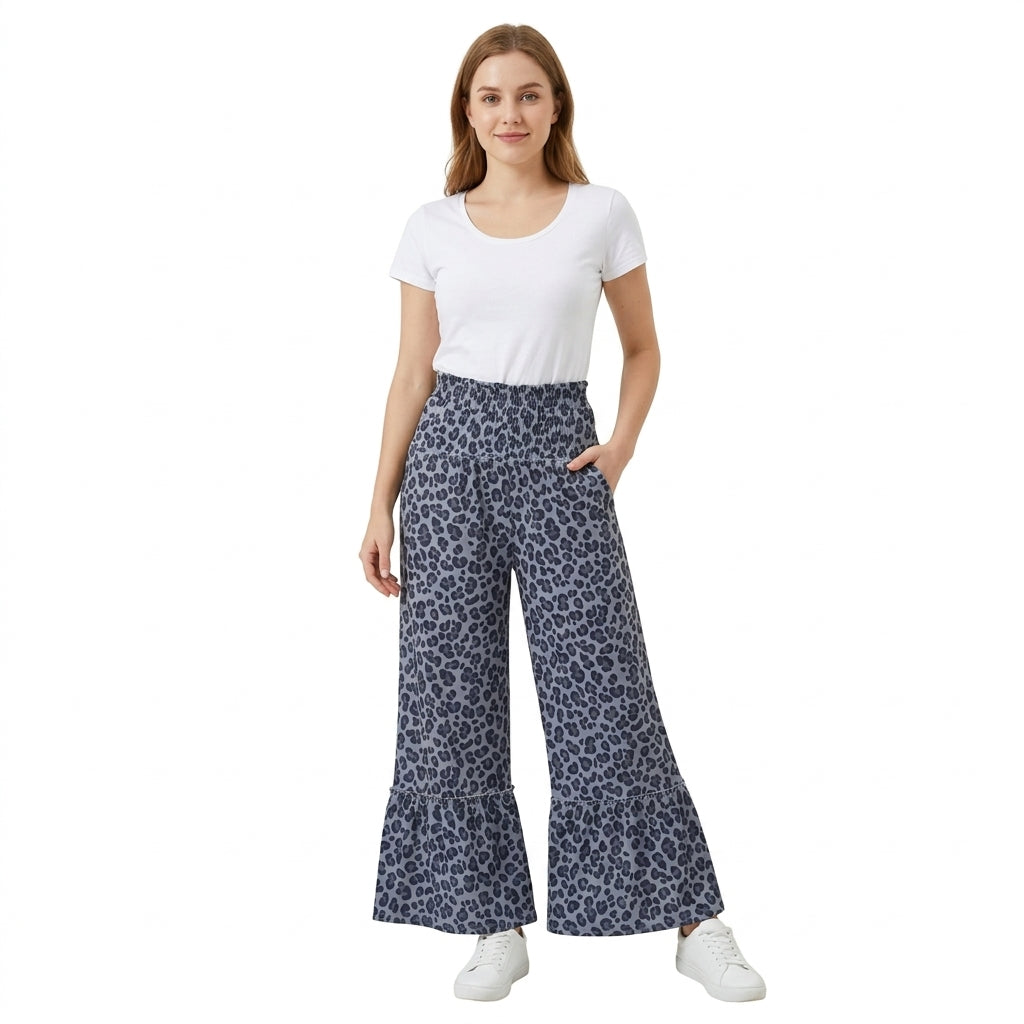 Adult Women Blue Grey Leopard Yoga Active Flare Ruffle Pants Bottom