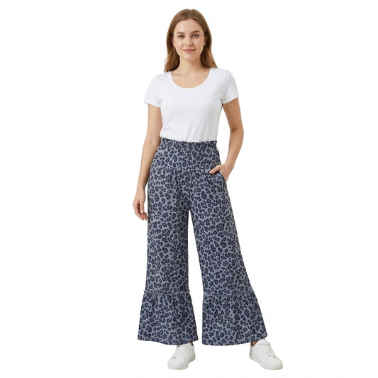 Adult Women Blue Grey Leopard Yoga Active Flare Ruffle Pants Bottom