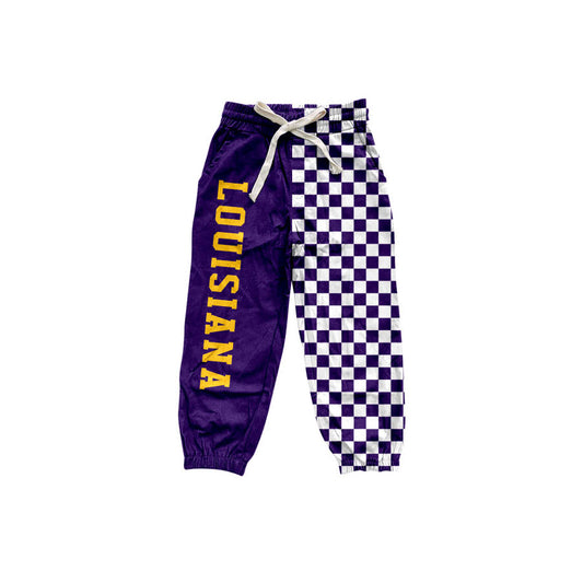 Preorder moq 5 Baby Boys Purple Checked LSU Tiger Team Pockets Jogger Pants Bottom