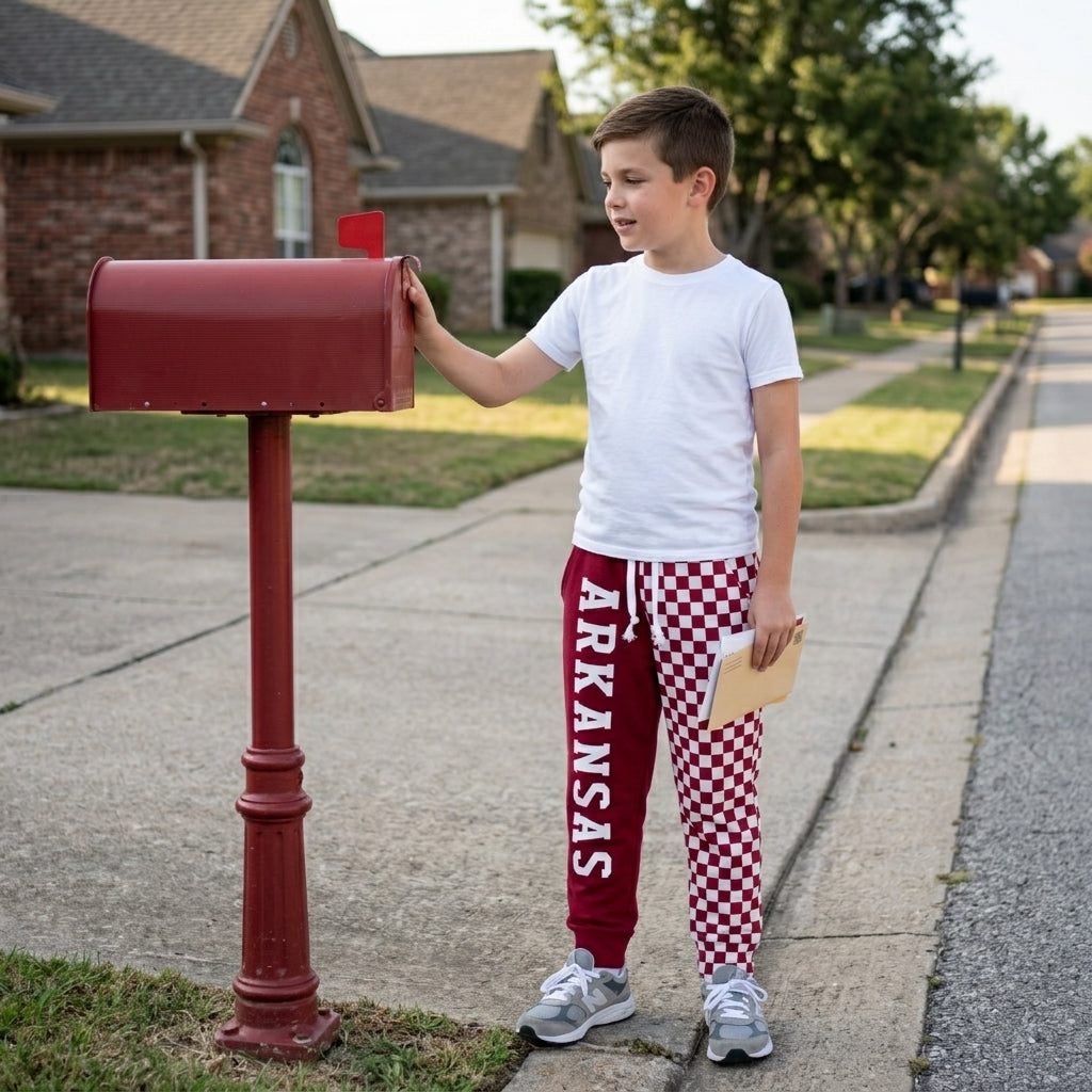 Baby Boys Red Checked Vinyl Arkansas Team Pockets Joggers Bottom