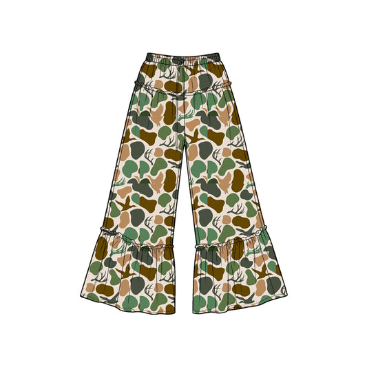 Preorder moq 5 Baby Girls Green Brown Camo Deer Ducks Hunting Bell Bottom Pants
