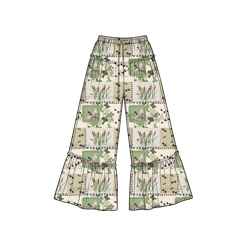 Preorder moq 5 Baby Girls Green Camo Ducks Checked Hunting Bell Bottom Pants
