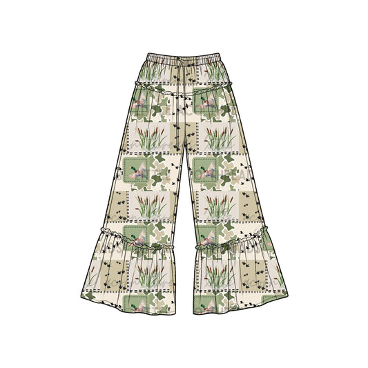 Preorder moq 5 Baby Girls Green Camo Ducks Checked Hunting Bell Bottom Pants